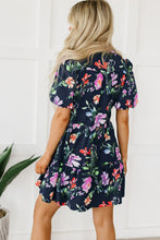 Load image into Gallery viewer, Bubble Sleeve Dress | Black Floral Button Mandarin Collar Dress
