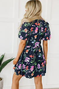 Bubble Sleeve Dress | Black Floral Button Mandarin Collar Dress