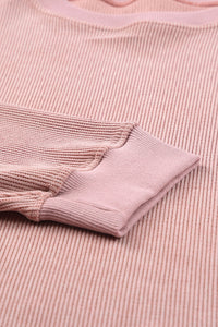 Pullover Sweatshirt | Pink Solid Ribbed Knit Round Neck