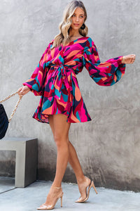 Fiery Red Abstract Printed Belted Puff Sleeve Mini Dress | Dresses/Mini Dresses