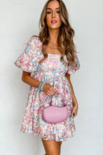 Load image into Gallery viewer, Pink Floral Puff Sleeve Square Neck Smock Ruffled Dress | Dresses/Floral Dresses
