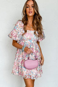 Pink Floral Puff Sleeve Square Neck Smock Ruffled Dress | Dresses/Floral Dresses