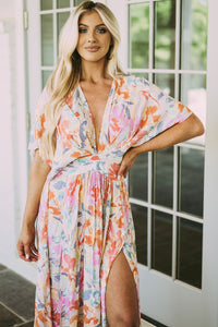 Multicolor Tropical Floral Print Ruched V Neck Maxi Dress | Dresses/Floral Dresses