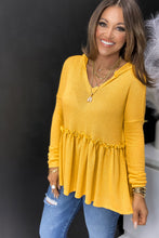 Load image into Gallery viewer, Yellow V Neck Drop Shoulder Hooded Flowy Top with Frill | Tops/Sweatshirts &amp; Hoodies
