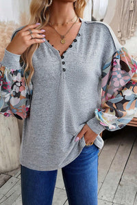 V Neck Top | Gray Floral Lantern Sleeve Patchwork Blouse