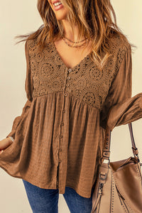 Brown Lace Crochet Buttoned V Neck Babydoll Top | Tops/Blouses & Shirts