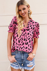 Pink Leopard Notch Neck Bubble Sleeve Blouse | Tops/Blouses & Shirts