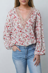 V-Neck Blouse | White Floral Long Sleeve Lace