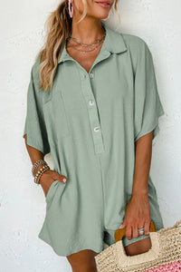 Loose Romper | Spinach Green Half Button Collared