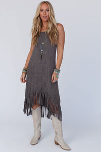 Gray Round Neck Sleeveless Fringe Hem Long Dress