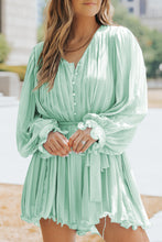 Load image into Gallery viewer, Green Pleated Ruffled Tie Waist Buttons V Neck Romper
