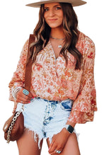 Load image into Gallery viewer, V Neck Bodysuit | Orange Floral Print Ruffled Bell Sleeve
