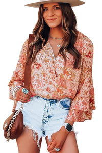 V Neck Bodysuit | Orange Floral Print Ruffled Bell Sleeve