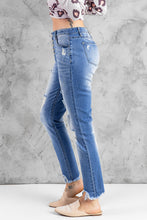 Load image into Gallery viewer, Sky Blue High Rise Button Front Frayed Ankle Skinny Jeans | Bottoms/Jeans
