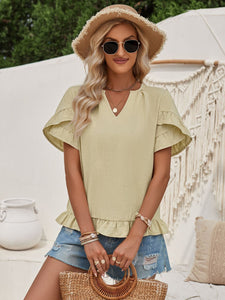 Ruffled Notched Petal Sleeve Blouse | Tops/Tank Tops