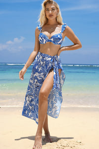 White 3pcs Flower Print Ruffled Bikini with Cover up | Swimwear/Bikinis