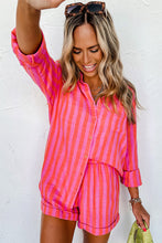 Load image into Gallery viewer, Shorts Set | Orange Striped Print Collared Neck Shirt
