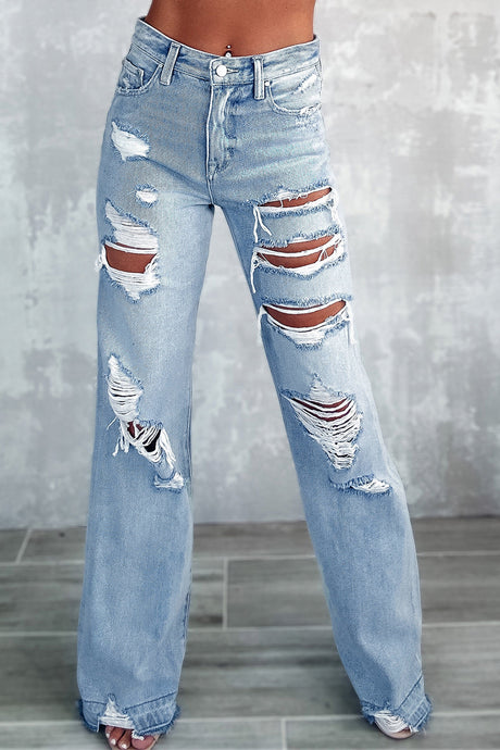 Sky Blue Vintage Distressed Ripped Wide Leg Jeans | Bottoms/Jeans