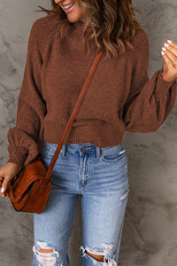 Brown Solid Color Lantern Sleeve Knitted Sweater | Tops/Sweaters & Cardigans