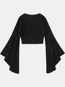 Womens Crop Top |  Black Plunge Flare Sleeve Cropped Top | Tops/Crop Tops