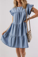 Load image into Gallery viewer, Denim Dress | Blue Ruffle Short Sleeve Tiered A-line Dress
