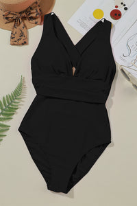 Black Deep V Neck Crossover Backless Ruched High Cut Monokini | Swimwear/One Piece Swimsuit