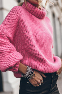 Rose Red Chunky Knit Turtle Neck Drop Shoulder Sweater | Tops/Sweaters & Cardigans