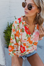 Load image into Gallery viewer, Orange Blooming Flowers Frill Trim Puff Sleeve Blouse | Tops/Blouses &amp; Shirts
