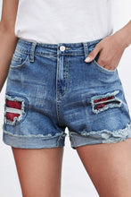 Load image into Gallery viewer, Plaid Patchwork Rolled Hem Denim Shorts | Bottoms/Denim Shorts
