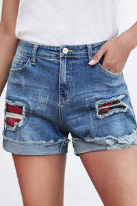 Plaid Patchwork Rolled Hem Denim Shorts | Bottoms/Denim Shorts