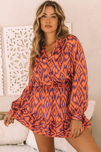 Orange Aztec Bubble Sleeve High Waist Romper | Bottoms/Jumpsuits & Rompers