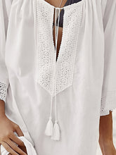 Load image into Gallery viewer, Beach Cover Up | White Lace Detail Tie Neck Cover Up
