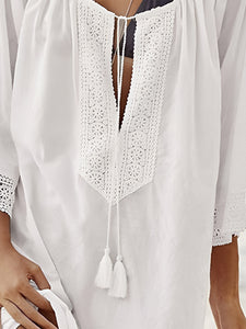 Beach Cover Up | White Lace Detail Tie Neck Cover Up