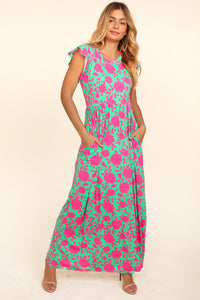 Maxi Dress | Ruffled Printed Cap Sleeves Dress