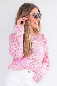 Pink Flower Sweater | Hollowed Knit Drop Shoulder Sweater