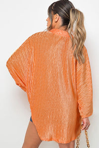 Wide Sleeve Blouse | Grapefruit Orange Crinkled Button Up Top