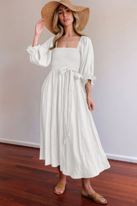 White Dress | Smocked Square Neck Flounce Sleeve Dress