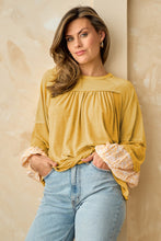 Load image into Gallery viewer, Beige Floral Colorblock Balloon Sleeve Exposed Seam Top | Tops/Long Sleeve Tops
