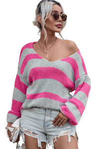 Rose Striped Colorblock Knit V Neck Loose Fit Sweater | Tops/Sweaters & Cardigans