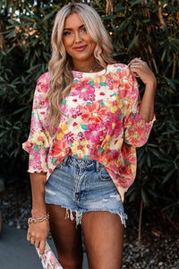 Pink Shirred Cuffs 3/4 Sleeve Floral Blouse | Tops/Blouses & Shirts