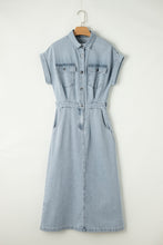 Load image into Gallery viewer, Denim Dress | Beau Blue Short Bat Wing Sleeve Slit Back Dress
