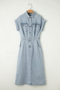 Denim Dress | Beau Blue Short Bat Wing Sleeve Slit Back Dress