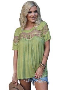 Green Mesh Lace Trim Short Sleeve Top | Tops/Tops & Tees