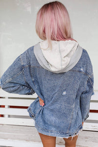 Sky Blue Rhinestone Fringed Hooded Denim Jacket