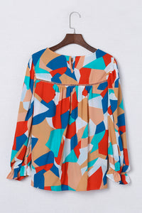 Multicolor Abstract Pattern Crewneck Ruffled Puff Sleeve Blouse | Tops/Blouses & Shirts