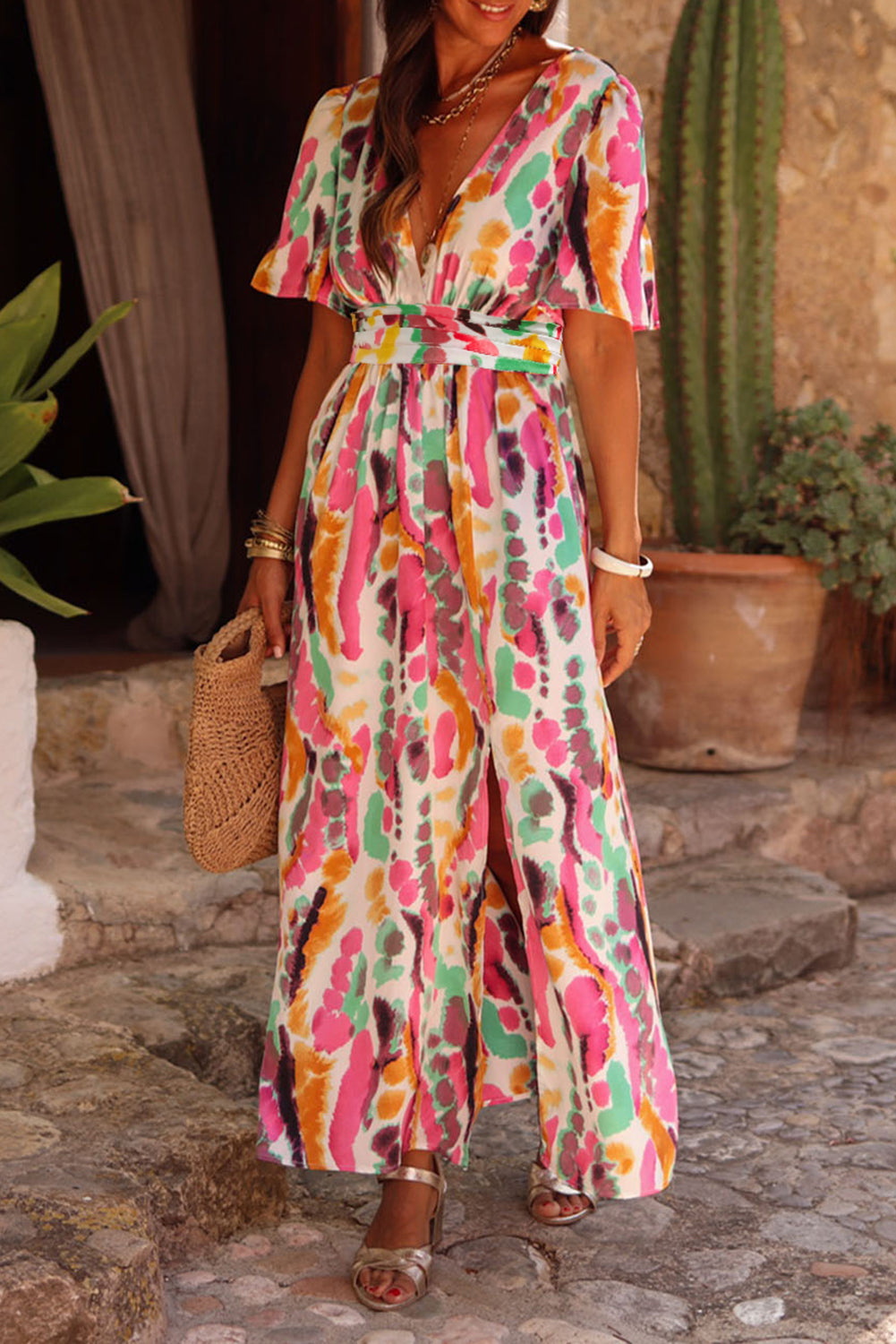 Pink Boho Tie-dye Print V Neck Maxi Dress | Dresses/Maxi Dresses