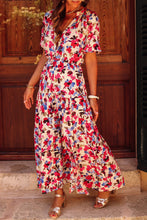 Load image into Gallery viewer, White Floral Print Short Sleeve Buttoned Split Maxi Dress | Dresses/Floral Dresses
