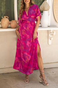 Maxi Dress | Rose Abstract Floral Print V Neck Dress