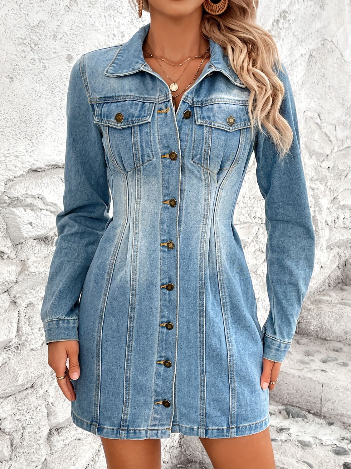 Denim Dress | Pocketed Button Up Long Sleeve Dress