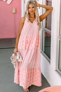 Pink Abstract Print Split Neck Sleeveless Maxi Dress | Dresses/Maxi Dresses